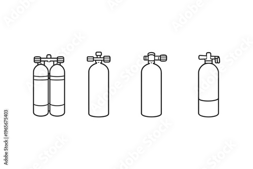 Collection of scuba diving tanks and cylinders with regulators and valves