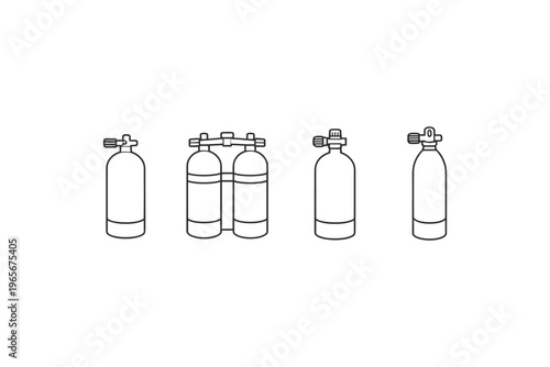 Collection of scuba diving air tanks and regulators in a simple line art style