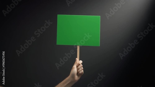 Hand Holding Blank Green Sign Isolated on Dark Background
