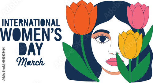 International Women’s Day poster with South Asian woman portrait, floral elements, March 8 greeting card celebrating diversity, empowerment and equality