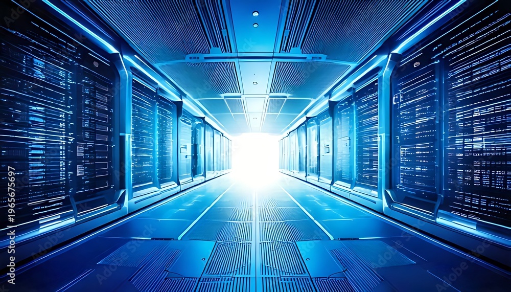 Obraz premium A perspective view of a futuristic server room with rows of racks, bathed in cool blue light, leading to a bright white opening