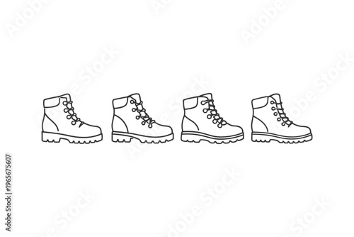 Collection of four identical hiking boots in a line, simple line art illustration