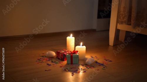 Candles and Gift Scene in Dim Cozy Evening Light

