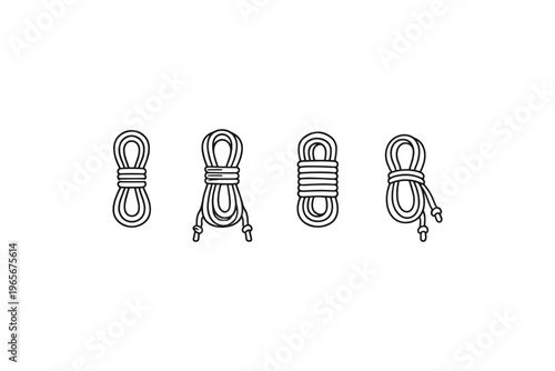 Collection of four coiled ropes with different tying methods and ends