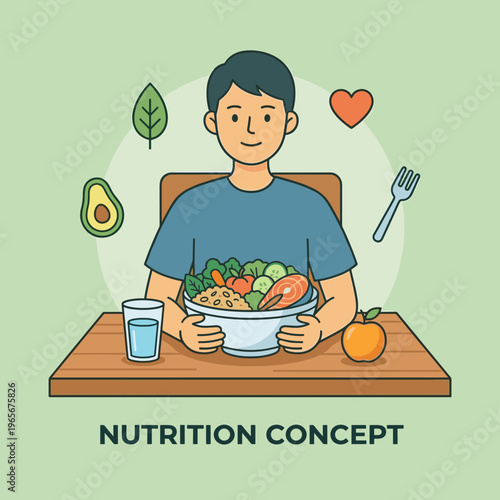 Man enjoying a healthy meal with fresh ingredients and water