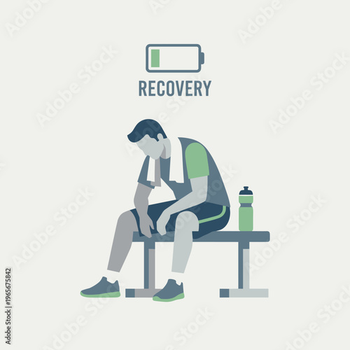 Man sitting on bench after workout with low battery indicator