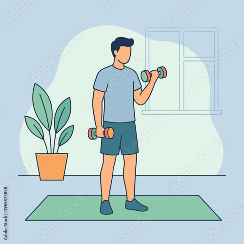 Man exercising with dumbbells indoors on a mat