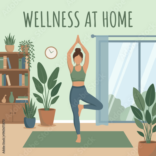 Woman practicing yoga tree pose indoors for wellness at home