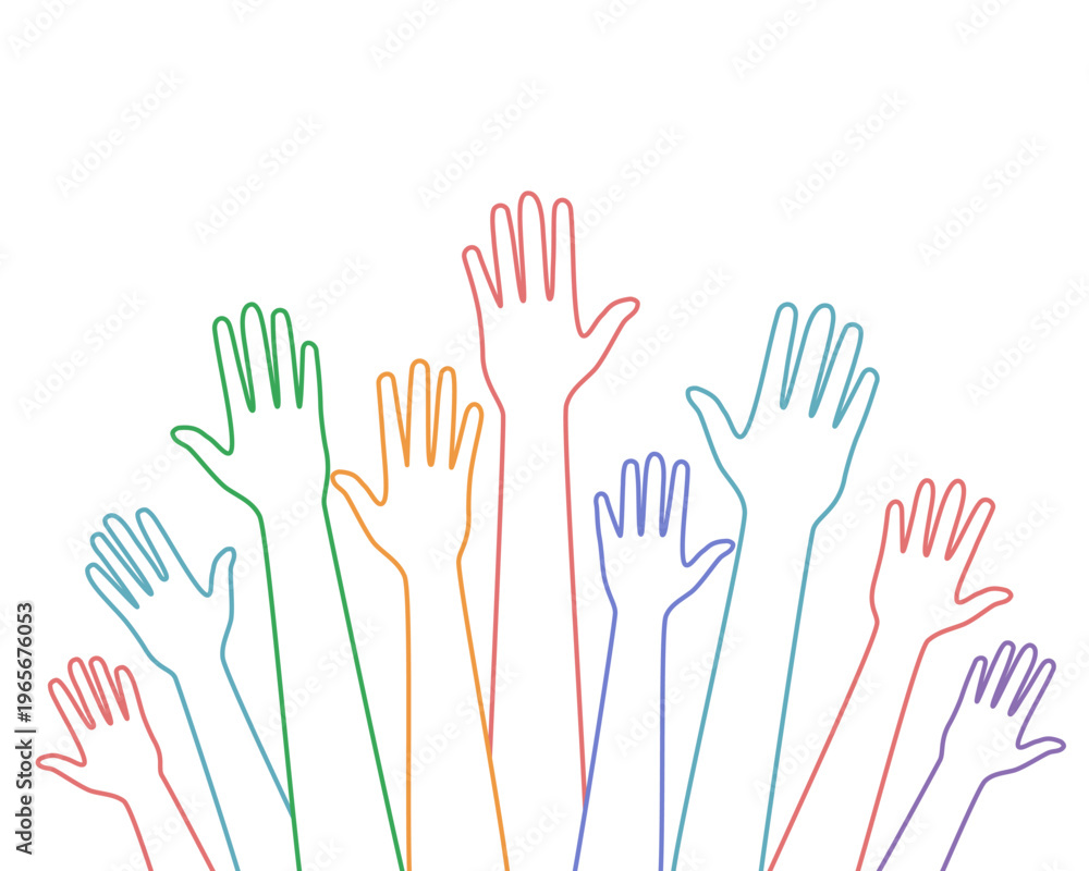 Fototapeta premium Multicolor line diverse hands raised up. Hand volunteer concept.