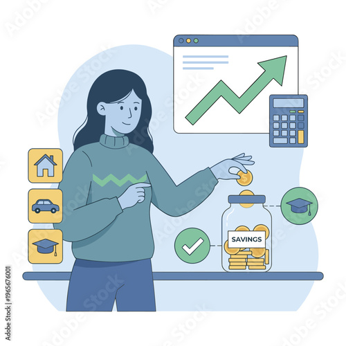 Woman depositing coin into savings jar with financial graph