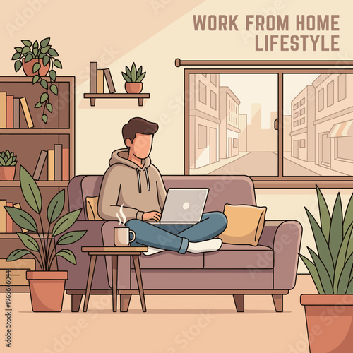 Man working on laptop while sitting on sofa with coffee