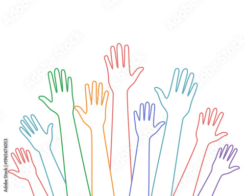 Foto Multicolor line diverse hands raised up. Hand volunteer concept.