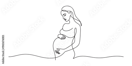 Continuous single line drawing of a pregnant woman sitting and meditating, minimalist prenatal yoga pose illustrated in clean serene outline vector style