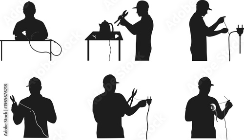 Electrician working with tools and wires, vector silhouettes of electrical tasks, repair, maintenance, installation, safety, professional industry illustration