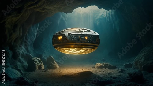 Alien Futuristic Pod Hovering Inside Mysterious Cave Chamber