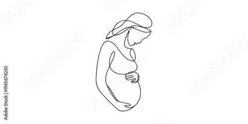 Continuous single line drawing of a pregnant woman sitting and meditating, minimalist prenatal yoga pose illustrated in clean serene outline vector style