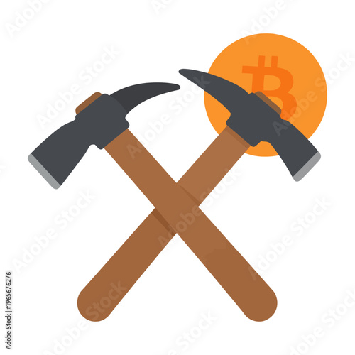 This vector shows two crossed hammers with a coin symbolizing cryptocurrency mining