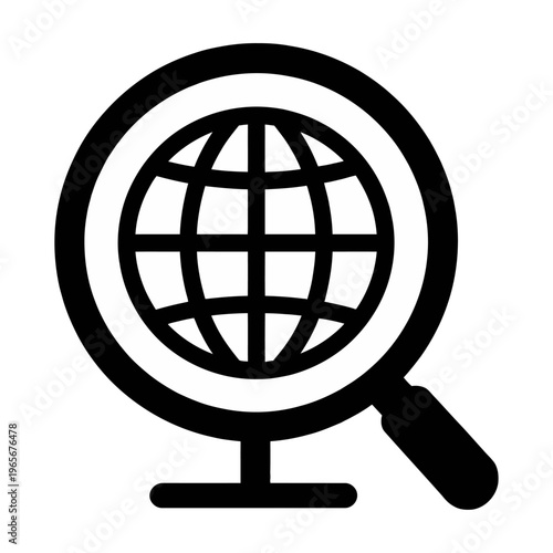 Magnifying glass closely examining a vector globe on a stand