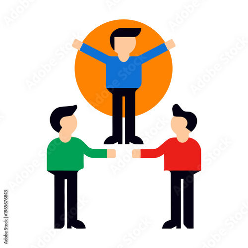 Vector of three people shaking hands with one man standing elevated behind them