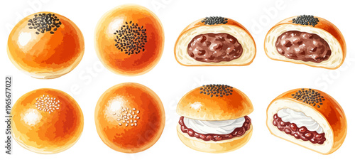 あんぱんの水彩風イラストセット｜こしあん・粒あん・ホイップあんぱんの菓子パン・和菓子・あんこ・ベーカリー素材