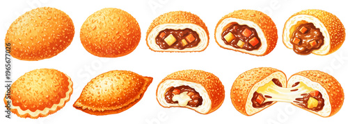 カレーパンの水彩風イラストセット｜チーズ入り・断面・揚げパン・惣菜パンのベーカリー素材