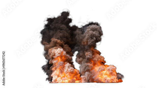 Two Isolated powerful explosions with intense flames and significant amount of smoke rising from the base and set against a white background