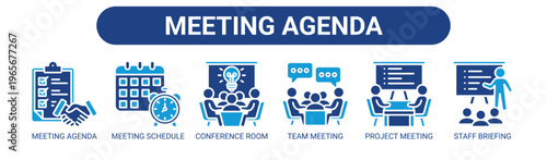 Meeting Agenda web banner icon vector illustration concept with icons of meeting agenda, meeting schedule, conference room, team meeting, project meeting, and staff briefing.