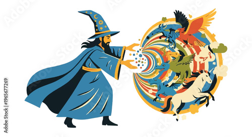 Fantasy wizard conjuring abstract symbols colorful illustration