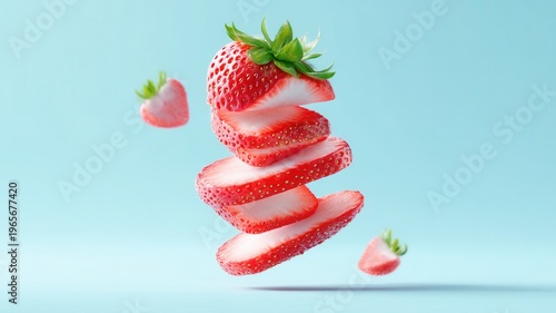 Ripe strawberry slices floating against a soft pastel gradient sky, displaying fresh summer fruit healthy concept and food