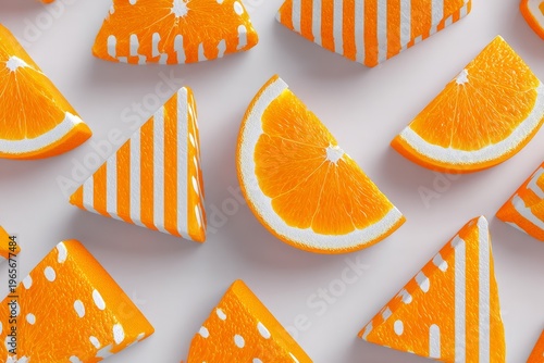 citrus still life featuring geometric orange wedges carved into striped and dotted triangular prisms on pale studio surface, intended for modern home decor and food branding