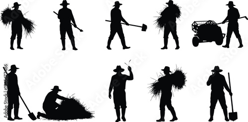 "Traditional farming silhouettes of workers with tools, hay bundles, carts, and shovels showing agricultural labor, rural lifestyle vector illustration"