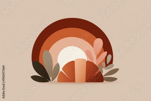 Minimal abstract pastry branding illustration with concentric warm arcs around central pastry motif and neutral leaves on beige background, ideal for bakery branding and packaging