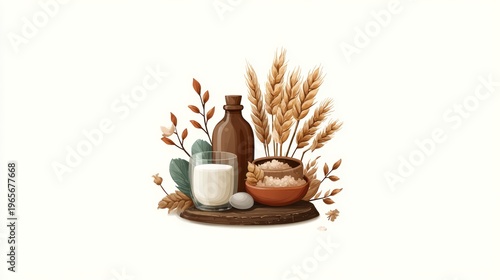 Rustic farm food logo concept featuring glass of milk, brown bottle, clay salt bowl, wheat stalks, leaves on wooden base