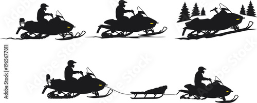 "Snowmobile silhouettes with riders in winter mountain landscape vector illustration showing accident, towing sled, outdoor adventure, recreation, transport, extreme sport"