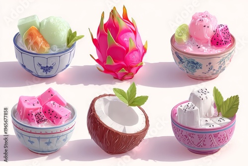 Decorative porcelain bowls hold tropical fruit desserts and halved coconut against pale backdrop, island-inspired presentation for summer dining