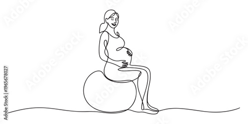 Single continuous line drawing pregnant woman sits on fitball. Sport training for women. Healthy lifestyle. Pregnant fitness girl. Fitness for pregnant women. Dynamic one line design graphic vect