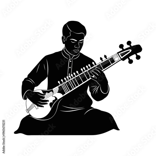 Indian classical musician, sitar player, black silhouette, musical instrument, cultural icon isolated on White Background vector eps silhouette