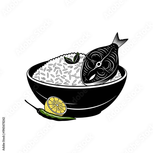 Sushi bowl with fish, rice, lemon, and chili, Japanese food illustration isolated on White Background vector eps silhouette