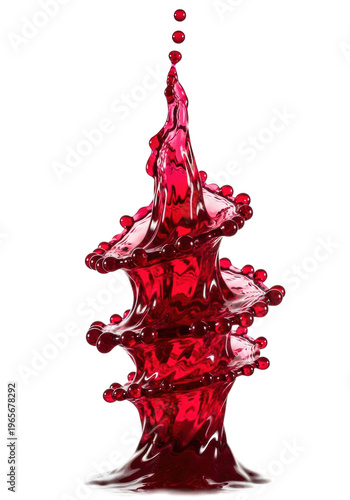 A spectacular crimson red liquid splash with luminous droplets frozen in a vortex shape on a bright white background. Concept for luxury beverage advertising