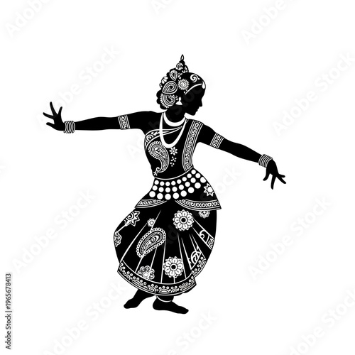 Traditional Indian Bharatanatyam Dancer, Black and White Vector Illustration, Classical Dance, Cultural Icon isolated on White Background vector eps silhouette