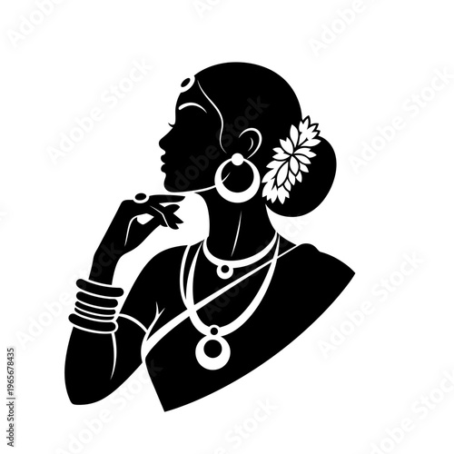 Elegant woman silhouette, Indian style jewelry, black and white vector, beauty illustration isolated on White Background vector eps silhouette