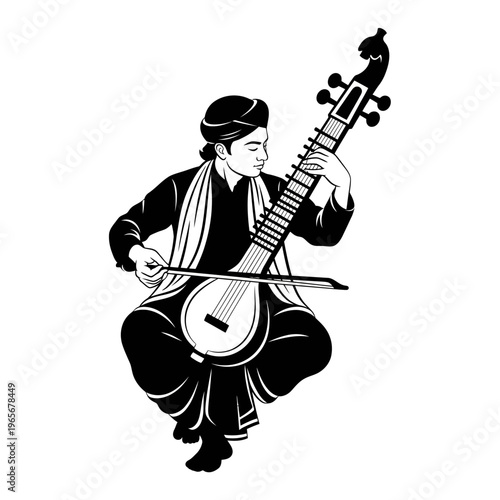 Traditional Asian musician, black and white illustration, playing stringed instrument, cultural icon isolated on White Background vector eps silhouette