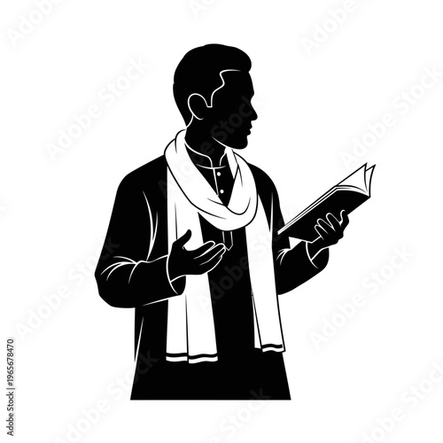 Silhouette man reading book, black and white illustration, minimalist design, educational concept isolated on White Background vector eps silhouette