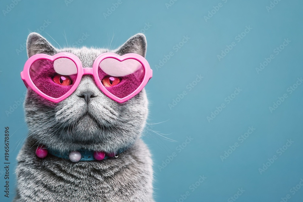 Fototapeta premium Cat wearing heart-shaped sunglasses poses in front of a blue wall