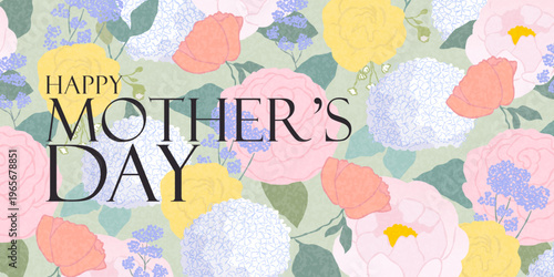 Happy Mother's Day Elegant Floral Greeting Card with  flowers in soft pastel shades: pink and white peonies, yellow roses, soft blue hydrangeas, and purple wildflowers. Spring summer floral pattern.