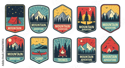 Vintage Mountain Adventure Patches: Camping, Hiking, Outdoors