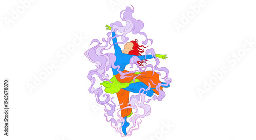 Vibrant Dancer in Colorful Costume, Abstract Swirls, Dynamic Movement