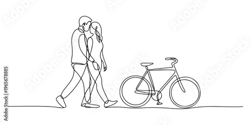 Single continuous line drawing rear view couple man and woman walking together with bicycle. Young boy and girl in love. Happy romantic married couple. one line Icon drawing