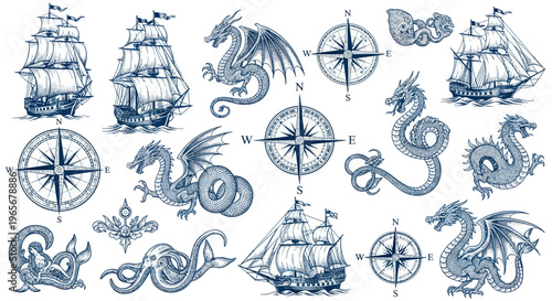 Tableau sur toile Vintage Nautical Illustrations: Ships, Dragons, Compasses and Sea Monsters
