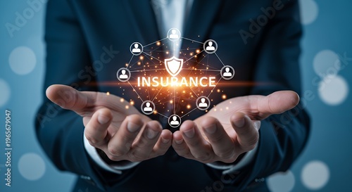 Hands holding digital insurance network with shield icon